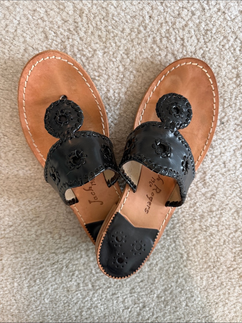 Jack Rogers Black Leather Whipstitched Toe-Ring Sandals